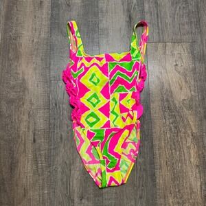 NWT Vintage Y2K Carabella Neon Geometric Bow Side One Piece Swimsuit size 9/10